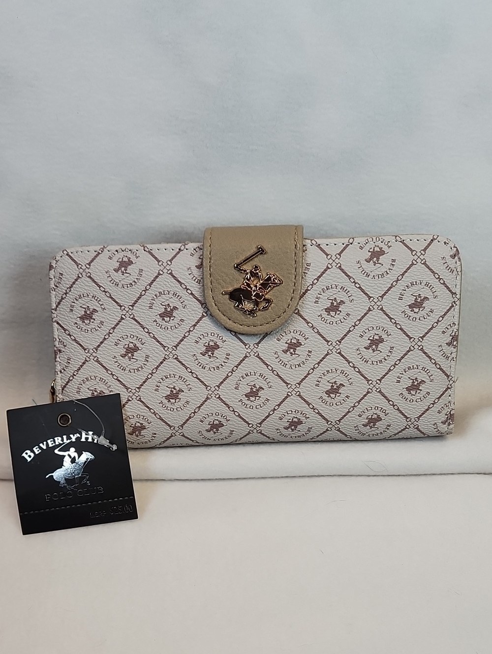 1# Beverly Hills Polo Club Cream & Tan Signature Logo Zip Wallet